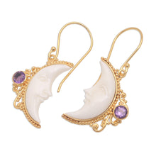 Load image into Gallery viewer, Gold Plated Amethyst Crescent Moon Dangle Earrings from Bali - Regal Crescents | NOVICA
