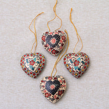 Load image into Gallery viewer, Floral Batik Wood Heart Ornaments from Java (Set of 4) - Heart Flowers | NOVICA