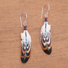 Load image into Gallery viewer, Hand Painted Bone and Amethyst Feather Dangle Earrings 'Antique Feathers'