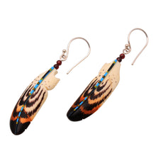 Load image into Gallery viewer, Hand Painted Bone and Amethyst Feather Dangle Earrings 'Antique Feathers'
