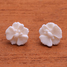 Load image into Gallery viewer, Hand-Carved Bone Orchid Button Earrings from Bali - Fantastic Orchids | NOVICA