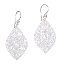 Load image into Gallery viewer, Hand-Carved Floral Bone Dangle Earrings from Bali - Bali Windows | NOVICA