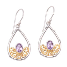 Load image into Gallery viewer, Gold Accented Amethyst Dangle Earrings from Bali - Beautiful Cradle | NOVICA