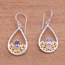 Load image into Gallery viewer, Gold Accented Amethyst Dangle Earrings from Bali - Beautiful Cradle | NOVICA