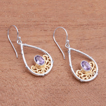 Load image into Gallery viewer, Gold Accented Amethyst Dangle Earrings from Bali - Beautiful Cradle | NOVICA