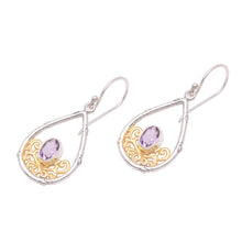 Load image into Gallery viewer, Gold Accented Amethyst Dangle Earrings from Bali - Beautiful Cradle | NOVICA