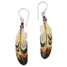 Load image into Gallery viewer, Hand-Carved Feather Dangle Earrings with Amethyst - Delightful Feathers | NOVICA
