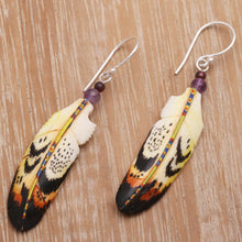 Load image into Gallery viewer, Hand-Carved Feather Dangle Earrings with Amethyst - Delightful Feathers | NOVICA