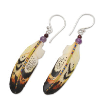 Load image into Gallery viewer, Hand-Carved Feather Dangle Earrings with Amethyst - Delightful Feathers | NOVICA