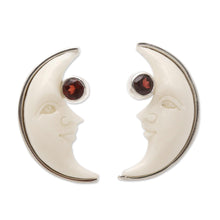 Load image into Gallery viewer, Garnet Crescent Moon Button Earrings from Bali - Moon Awakening | NOVICA
