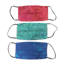 Load image into Gallery viewer, 3 Handmade Blue-Pink-Red Rayon Batik Pleated Face Masks - Colorful Tropics | NOVICA