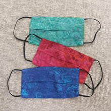 Load image into Gallery viewer, 3 Handmade Blue-Pink-Red Rayon Batik Pleated Face Masks - Colorful Tropics | NOVICA