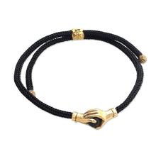 Load image into Gallery viewer, Brass and Black Obsidian Cord Unity Bracelet from Bali - Golden Handshake | NOVICA