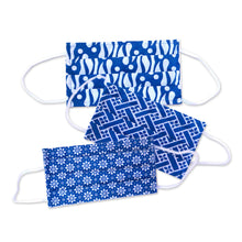Load image into Gallery viewer, 3 Blue and White Cotton Batik Pleated 2-Layer Face Masks - Balinese Blue | NOVICA