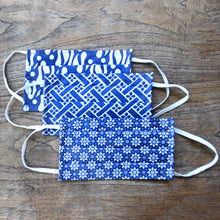Load image into Gallery viewer, 3 Blue and White Cotton Batik Pleated 2-Layer Face Masks - Balinese Blue | NOVICA