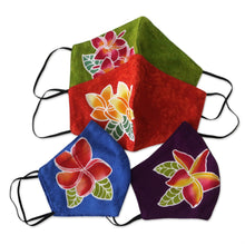 Load image into Gallery viewer, 4 Hand-Painted Plumeria on Balinese Batik 2-Layer Face Masks - Island Plumeria | NOVICA