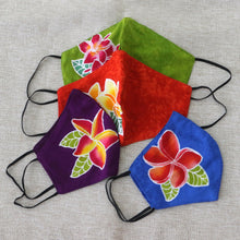 Load image into Gallery viewer, 4 Hand-Painted Plumeria on Balinese Batik 2-Layer Face Masks - Island Plumeria | NOVICA