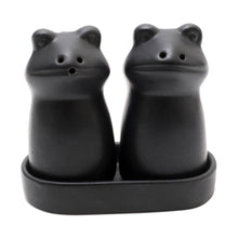 Load image into Gallery viewer, Matte Black Ceramic Frog Salt and Pepper Shakers with Tray 'Fanciful Frogs in Black'