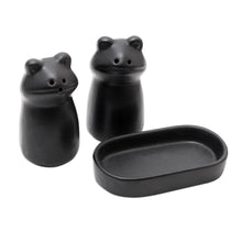 Load image into Gallery viewer, Matte Black Ceramic Frog Salt and Pepper Shakers with Tray 'Fanciful Frogs in Black'