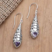 Load image into Gallery viewer, Amethyst and Blue Topaz Dangle Earrings - Dragonfly Wish | NOVICA