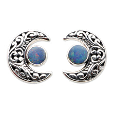 Load image into Gallery viewer, Opal and Sterling Silver Crescent Moon Button Earrings - Embellished Moon | NOVICA