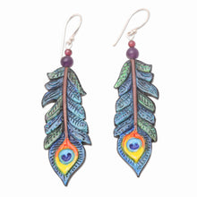 Load image into Gallery viewer, Hand-Painted Garnet and Amethyst Dangle Earrings - Krishna Feathers | NOVICA