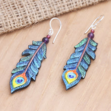 Load image into Gallery viewer, Hand-Painted Garnet and Amethyst Dangle Earrings - Krishna Feathers | NOVICA