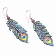 Load image into Gallery viewer, Hand-Painted Garnet and Amethyst Dangle Earrings - Krishna Feathers | NOVICA
