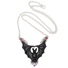 Load image into Gallery viewer, Horn Amethyst Garnet & Sterling Silver Bat Pendant Necklace - Midnight Bat | NOVICA