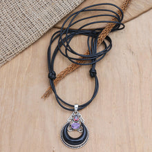 Load image into Gallery viewer, Horn Amethyst Garnet and Sterling Silver Pendant Necklace - Halloween Moon Knight | NOVICA