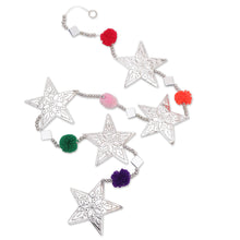 Load image into Gallery viewer, 2 Handcrafted Aluminum Star Garlands with Glass and Pompoms - Starry Colors | NOVICA