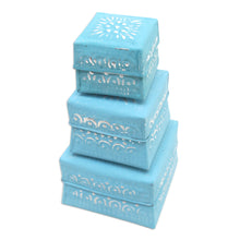 Load image into Gallery viewer, Set of 3 Decorative Aluminum Boxes in a Blue Shade - Shimmering Blue | NOVICA