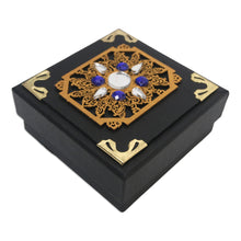 Load image into Gallery viewer, Traditional Black Decorative Box with Blue Beads and Mirrors - Blue Sunrise | NOVICA
