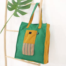 Load image into Gallery viewer, Green Foldable Cotton Tote Bag with Javanese Lurik Pattern - Green Gejayan | NOVICA