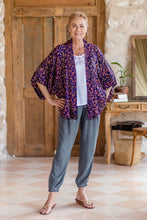 Load image into Gallery viewer, Batik Kimono Jacket in Blue Purple & Brown with Leaf Motifs - Kintamani | NOVICA