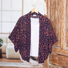 Load image into Gallery viewer, Batik Kimono Jacket in Blue Purple & Brown with Leaf Motifs - Kintamani | NOVICA