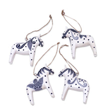 Load image into Gallery viewer, 4 Wood White Dala Horse Ornaments Carved & Painted by Hand - Dala Courage | NOVICA
