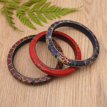 Load image into Gallery viewer, Set of 3 Colorful Floral Batik Wadang Wood Bangle Bracelets - Spring Trinity | NOVICA