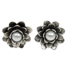 Load image into Gallery viewer, Floral Pearl and Sterling Silver Button Earrings - White-Eyed Lotus | NOVICA