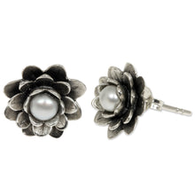 Load image into Gallery viewer, Floral Pearl and Sterling Silver Button Earrings - White-Eyed Lotus | NOVICA