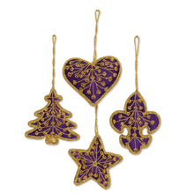 Load image into Gallery viewer, Set of Four Zari Embroidered Purple Ornaments from India - Purple Christmas | NOVICA
