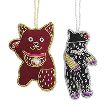 Load image into Gallery viewer, Cotton Bear and Cat Ornaments from India (Set of 4) - Dancing Animals | NOVICA