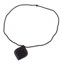 Load image into Gallery viewer, Beaded Ebony Wood Necklace with Hand Carved Leaf Pendant - Mughal Delight | NOVICA