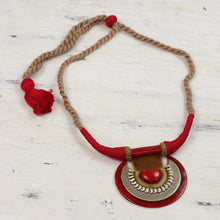 Load image into Gallery viewer, Ceramic and Cotton Pendant Necklace in Red from India - Ancient Glow | NOVICA
