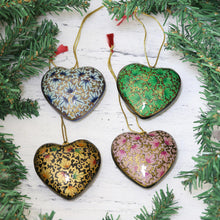 Load image into Gallery viewer, Four Heart Shaped Holiday Ornaments in Papier Mache - Heartfelt Holiday | NOVICA
