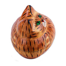 Load image into Gallery viewer, Brown Papier Mache Cat Decorative Box from India - Comfy Cat | NOVICA