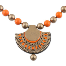 Load image into Gallery viewer, Gold and Orange Ceramic Ornate Fan Beaded Pendant Necklace - Ornate Fans