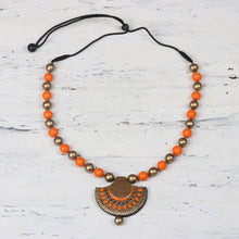 Load image into Gallery viewer, Gold and Orange Ceramic Ornate Fan Beaded Pendant Necklace - Ornate Fans