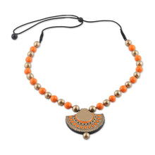Load image into Gallery viewer, Gold and Orange Ceramic Ornate Fan Beaded Pendant Necklace - Ornate Fans