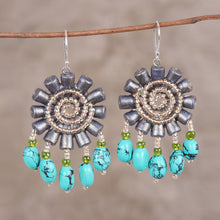 Load image into Gallery viewer, Handmade Recycled Paper and Glass Bead Chandelier Earrings - Floral Twirl